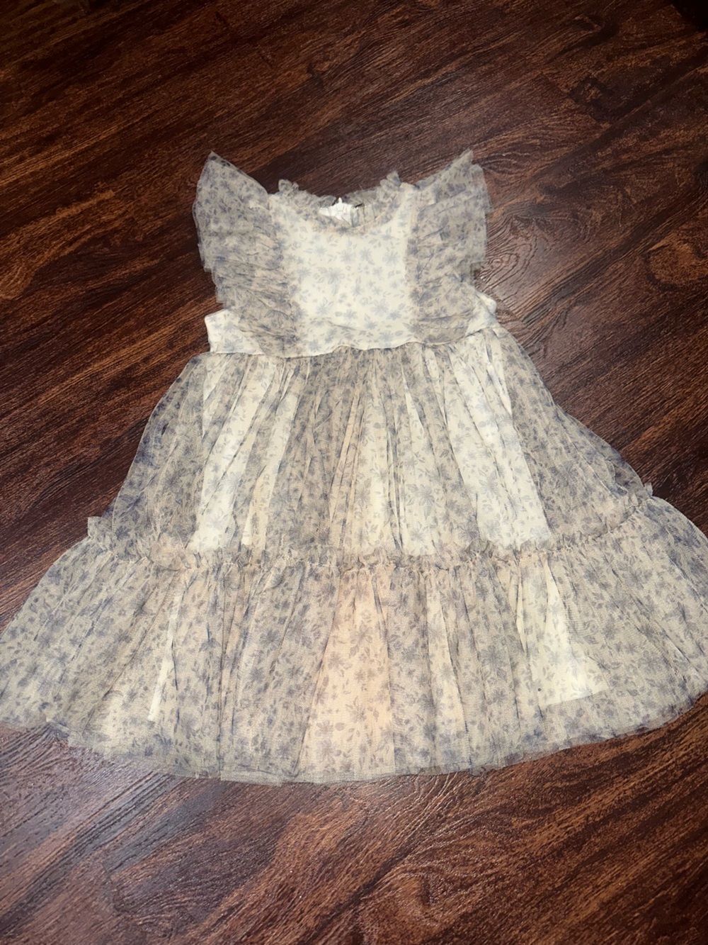 Floral Ruffle Tiered Girls Dress - charcoal grey print over creme tulle